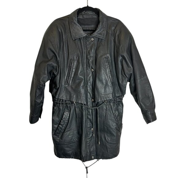 Wilson Black Leather Anorak Jacket L Full Zip Snap Matrix Style Quilted Lining - Picture 1 of 10